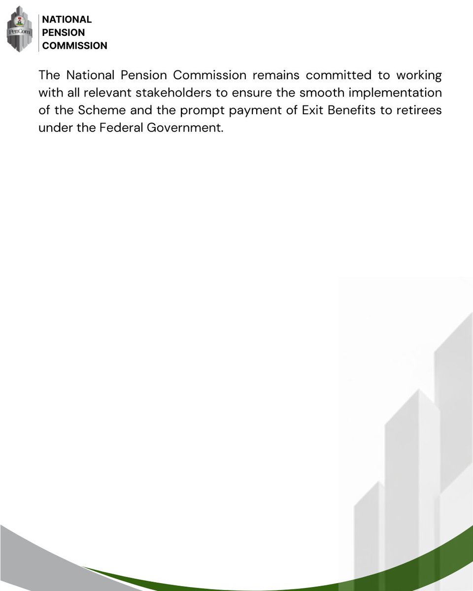PenComNig's tweet photo. Federal Government Commences Payment of Additional Exit Benefits to Retiring Civil Servants https://t.co/aeSUkGo1Ns