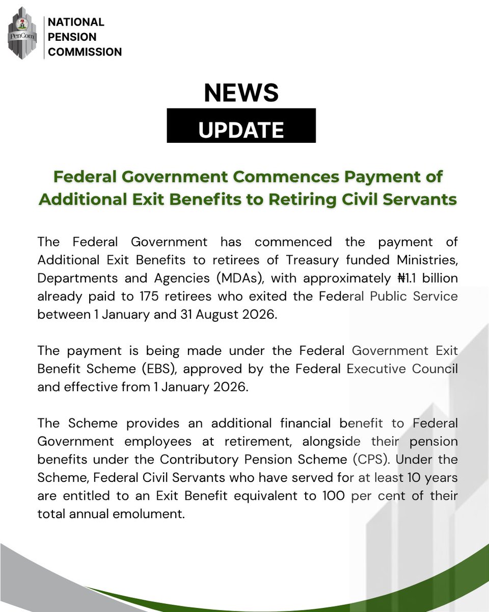 PenComNig's tweet photo. Federal Government Commences Payment of Additional Exit Benefits to Retiring Civil Servants https://t.co/aeSUkGo1Ns
