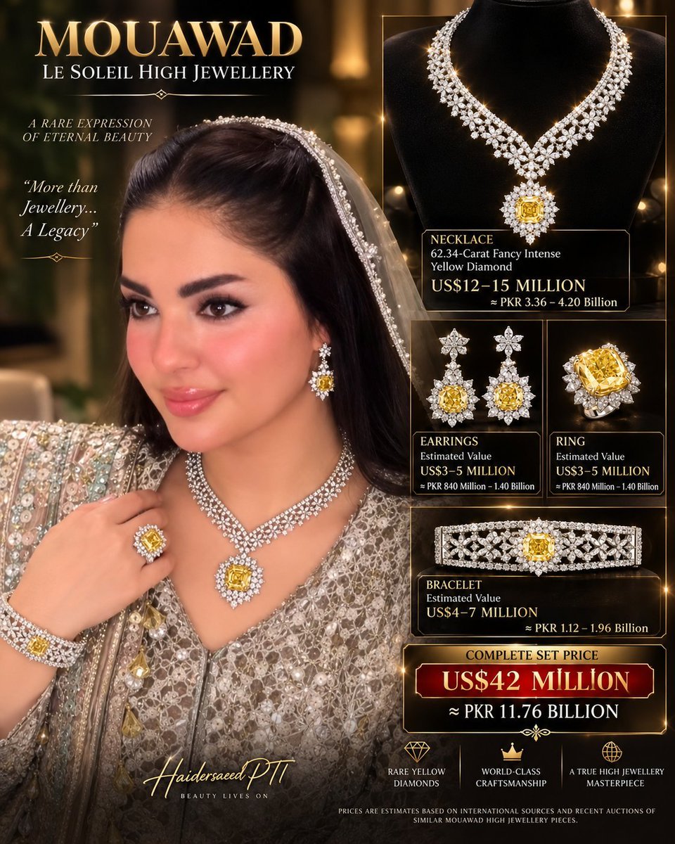 Alinazirbutt's tweet photo. Pakistan people struggling to fulfill petrol usage in dailylife and these silverspoon daughter wore 11.76 billion pkr necklace and whole set price. 

Kash Hazrat Umar ka door hota aj yeh awam ky paso se shahi khandaan banny waly loot mar ky paso se itny expensive set na prhanty https://t.co/PEz5IgRh5A