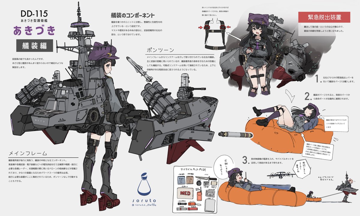 soruto_0W98e's tweet photo. 遅くなりました。
今週の絵は、『護衛艦擬人化　護衛艦あきづき：艤装編』です！

前作・あさひ型と今作のあきづき型なんですが、原作は艦影ほぼ同じ（失礼）なのでより艤装デザインの細かいところを解説しよう、と出力しました。

結構色々文章は書いていますが、これでもまだ説明し足りない…‼︎ https://t.co/7nTTcCc9he