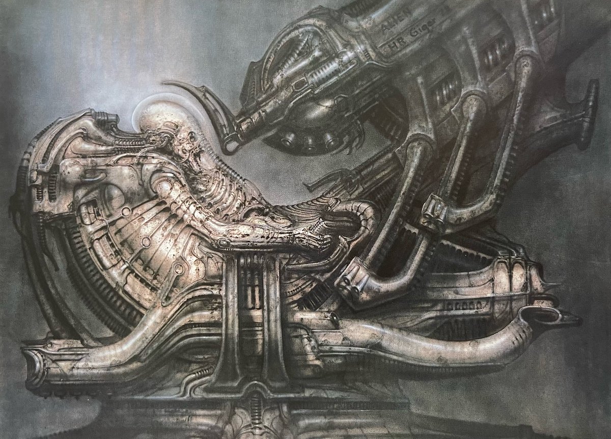 SciFiArchives's tweet photo. H.R. Giger’s concept art for Alien (1979). The biomechanical nightmare that changed sci-fi forever. https://t.co/oDYR7x8V9c
