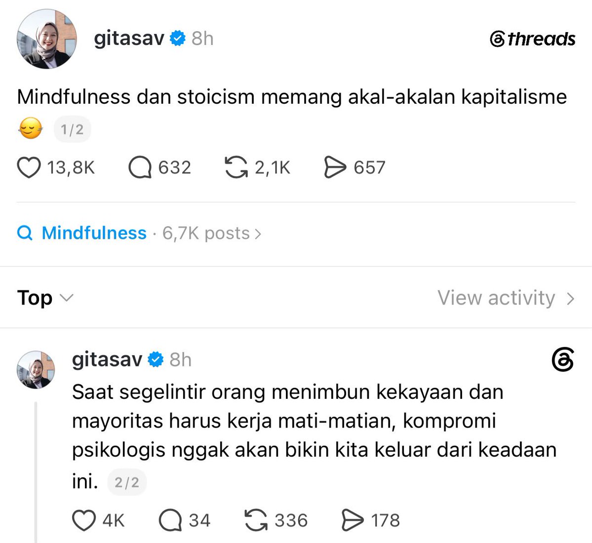 insidefolkative's tweet photo. Gitasav melalui postingan terbaru di Threads.

“Mindfulness dan stoicism memang akal-akalan kapitalisme 🙂‍↔️￼

Saat segelintir orang menimbun kekayaan dan mayoritas harus kerja mati-matian, kompromi psikologis nggak akan bikin kita keluar dari keadaan ini.￼” https://t.co/W9DoNRD3zP