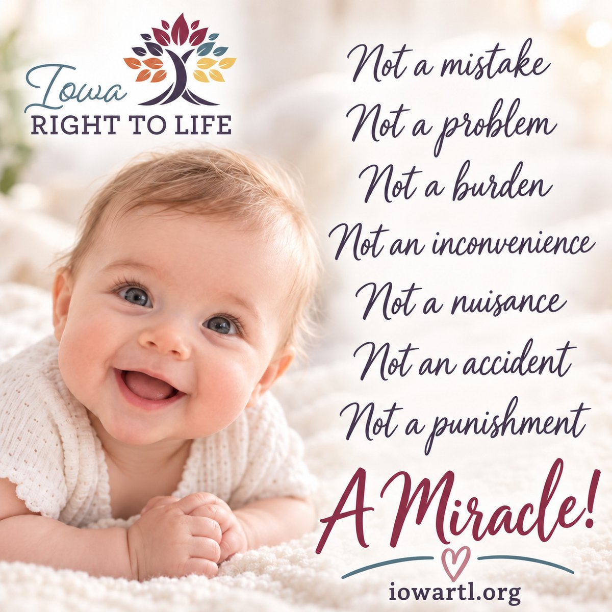 IowaRTL's tweet photo. Every life has meaning, purpose, and value. Every child deserves to be welcomed, protected, and loved.

Not a mistake. Not a burden. Not an inconvenience. A miracle. https://t.co/XSsIwjK0Fn