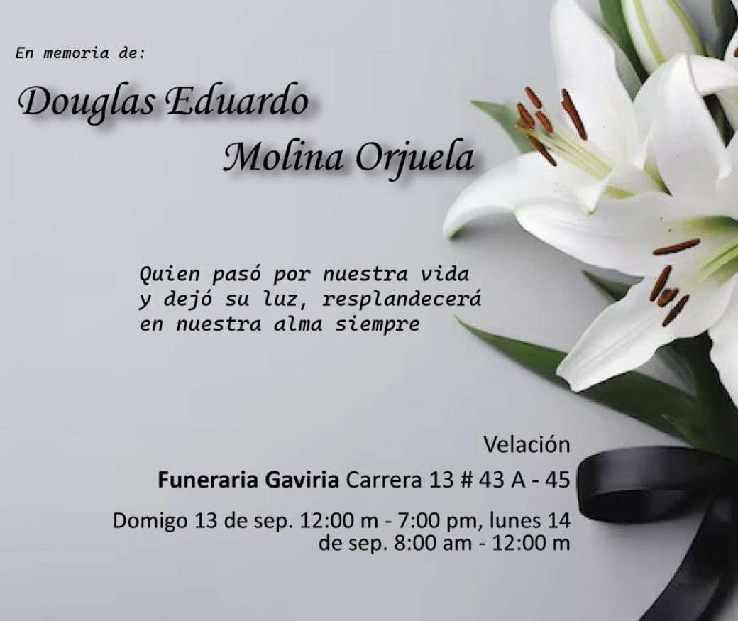 Unilibrebog's tweet photo. 🕊️ La Universidad Libre lamenta profundamente el fallecimiento de Douglas Eduardo Molina Orjuela.

Acompañamos con respeto y solidaridad a sus familiares, amigos y seres queridos en este momento de profundo dolor. 

Que su recuerdo, sus enseñanzas y la huella que dejó en quienes compartieron su vida permanezcan siempre en nuestros corazones.🤍