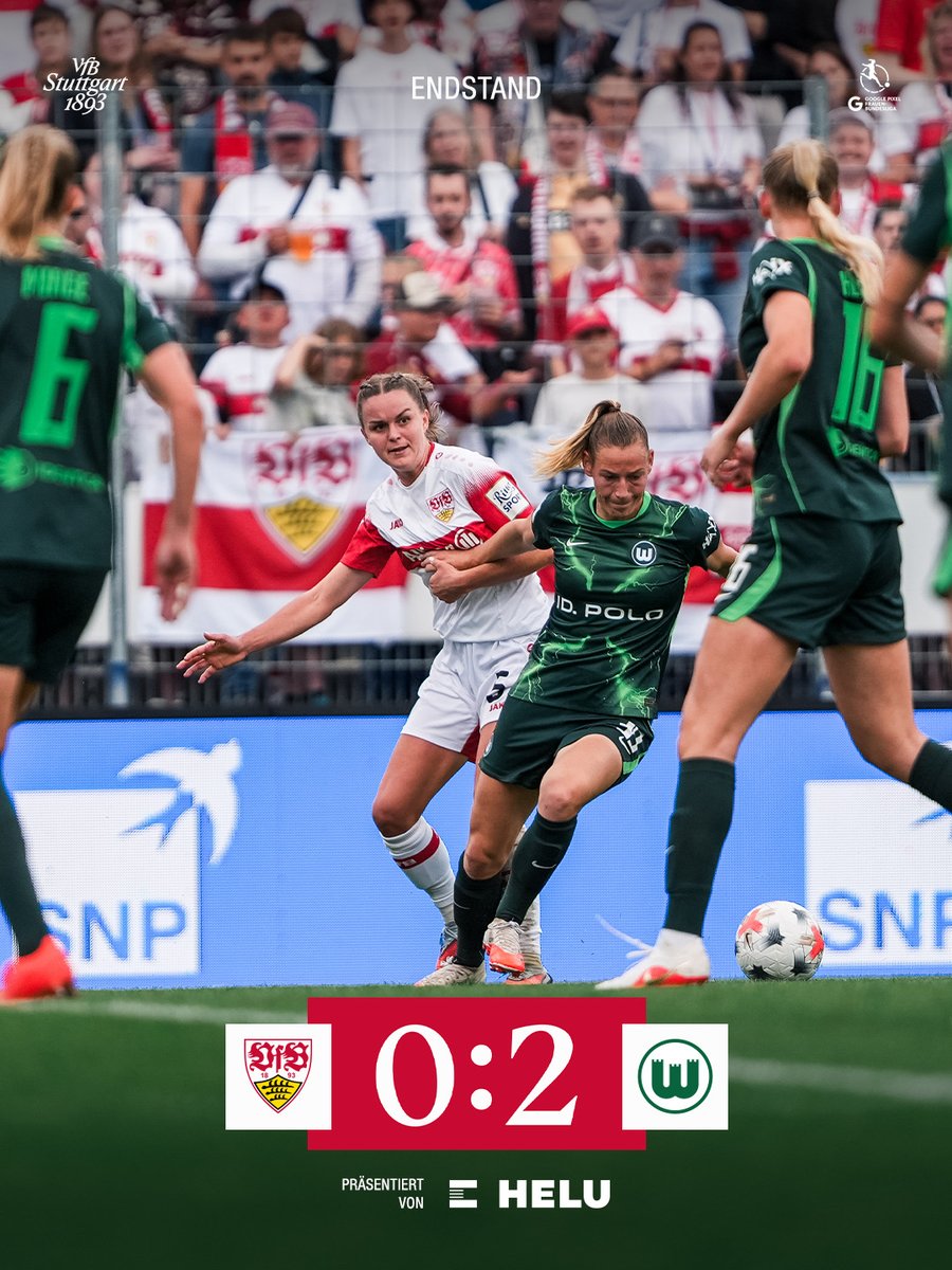 VfB_Frauen's tweet photo. ⏹️ Spielende im GAZi-Stadion. Wir müssen uns gegen den Tabellenführer aus Wolfsburg erstmals in der Google Pixel Frauen-Bundesliga mit 0:2 geschlagen geben.

Köpfe hoch, Mädels! ⚪🔴

#VfBFrauen | #VfB | #VfBWOB 0:2 | #GPFBL | [Anzeige] HELU https://t.co/EZ3787BTA8