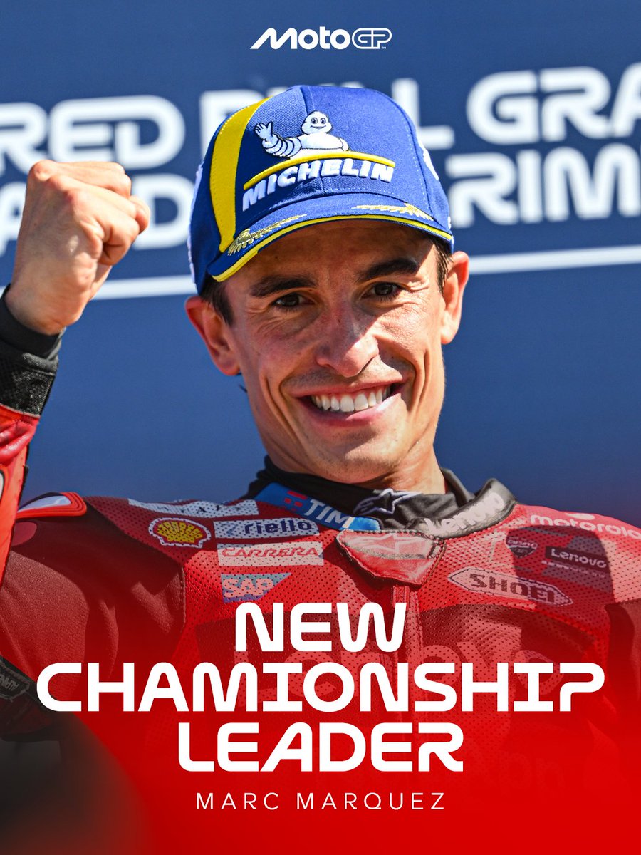 MotoGP's tweet photo. 🔴 @marcmarquez93 is on top of the standings for the first time this season! 😎

#SanMarinoGP🇸🇲 https://t.co/BD7CMo3Jc5