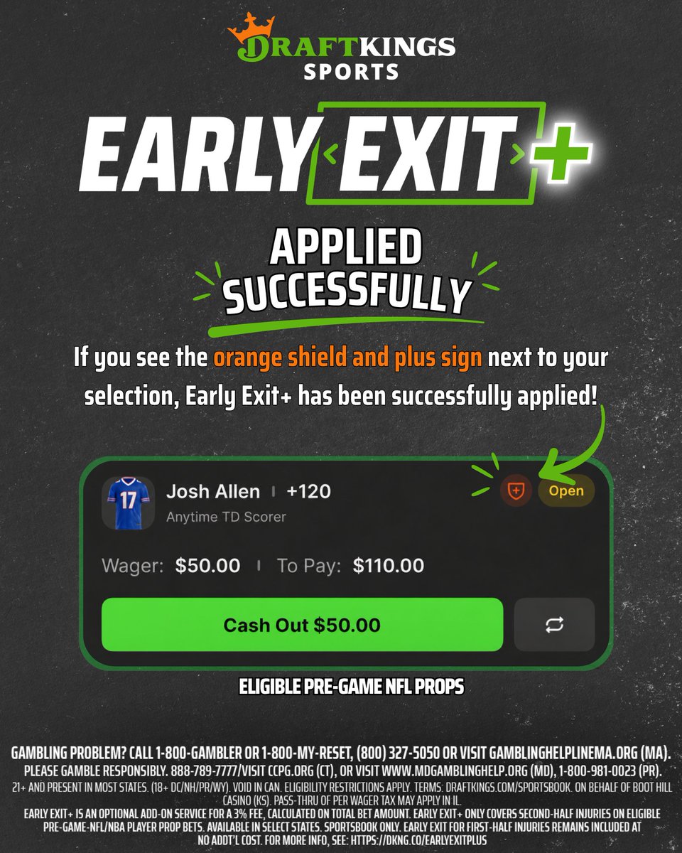 DK_Assist's tweet photo. 🛡️Looking for confirmation that Early Exit+ was applied?

Check your bet slip! If you see the orange shield with the +, your wager has full-game injury protection with Early Exit+! https://t.co/HFGpFcJLuq