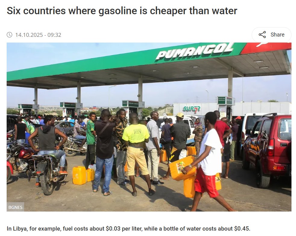 Miss_Royal73's tweet photo. ⛽️In Libië is #benzine letterlijk goedkoper dan water. De prijs van een liter benzine ligt rond de 0,03 USD (of 0,11 USD per gallon), het kost je ongeveer 2$ om je hele tank te vullen en ze maken er nog steeds winst op. Je kunt je alleen maar voorstellen hoe spotgoedkoop een vat #olie eigenlijk is, en hoe we worden opgelicht. 💰