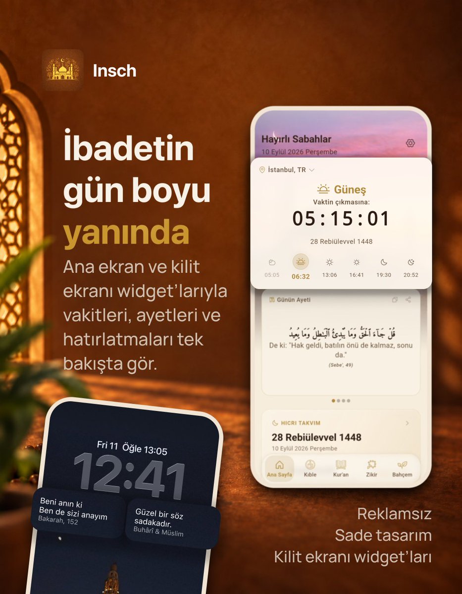 inschapp's tweet photo. Insch’in arayüzünü baştan sona yeniledik.

Namaz vakitleri, günlük ayetler, ana ve kilit ekranı hatırlatmaları, Kur’an, zikir ve Namaz Odak Modu artık daha sade bir deneyimde bir arada.

Reklamsız. iOS &amp; Android. 🌙
https://t.co/Q4b6obrYdk https://t.co/XtSDGt9Zgy