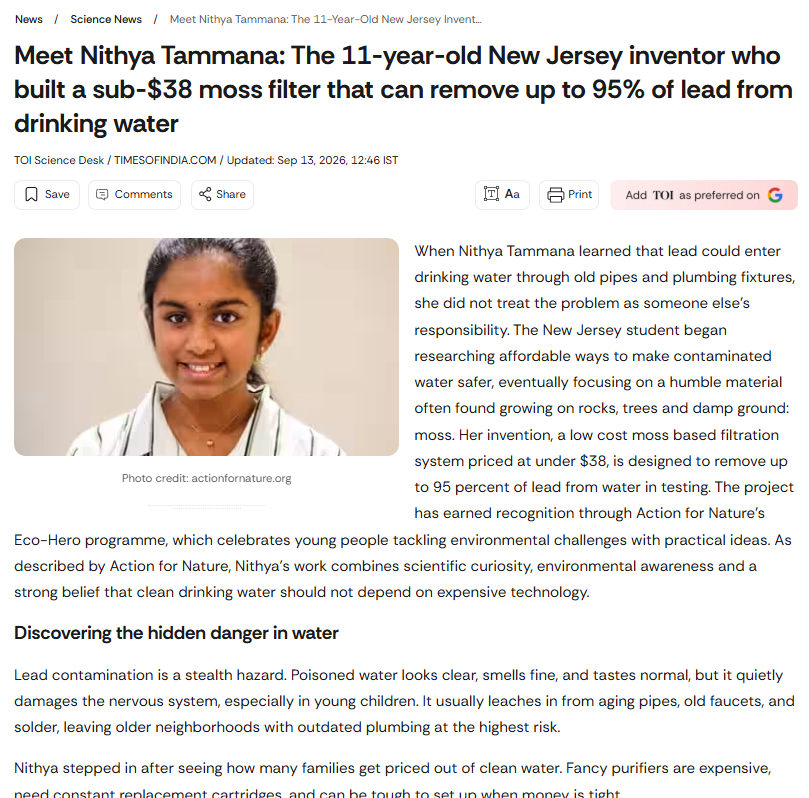 SaveDrop2024's tweet photo. Proud moment for Save Drop! 💧🌱

Our 11-year-old Water Warrior, Nithya Tammana, has been featured by The Times of India for her innovative, low-cost moss-based filter designed to remove up to 95% of lead from drinking water in testing.

Young minds can create powerful change. https://t.co/KBgvXBLVzO