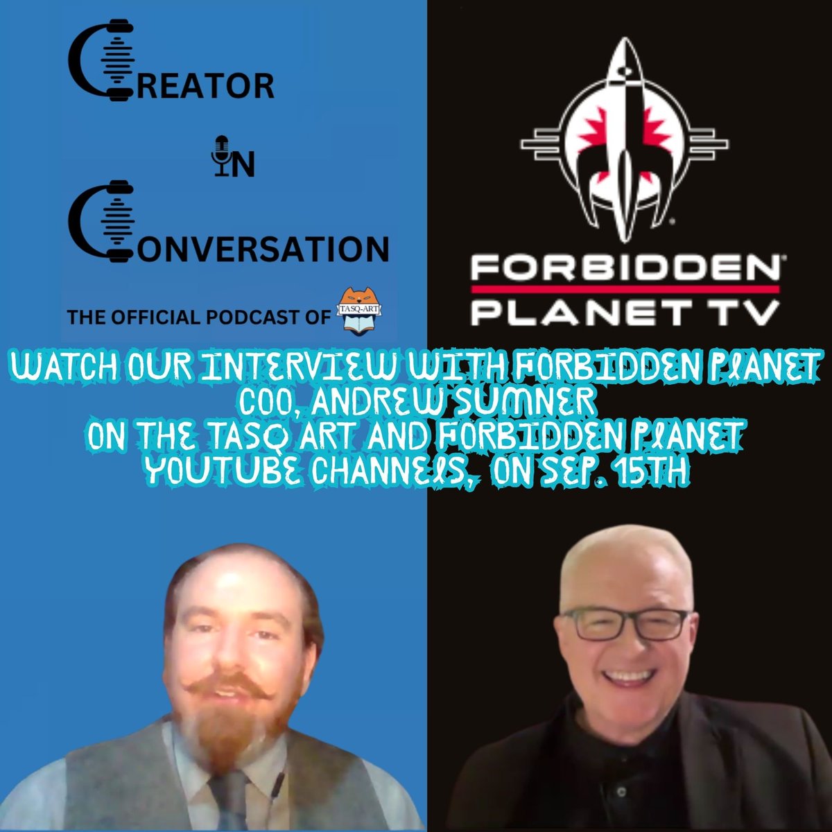 LSComics's tweet photo. Our interview with Andrew Sumner will be available to watch from Tuesday 15th on both the TASQ Art AND Forbidden Planet TV YouTube channels. https://t.co/gms5t5lReU