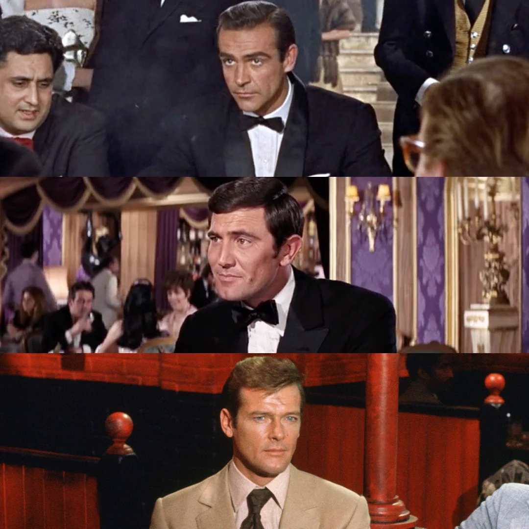 Three grid stacked static image of the Bond actors. The first grid is of Sean Connery as James Bond in Dr. No. The second grid is of George Lazenby as James Bond in On Her Majesty’s Secret Service. The third grid is of Roger Moore as James Bond in Live And Let Die.