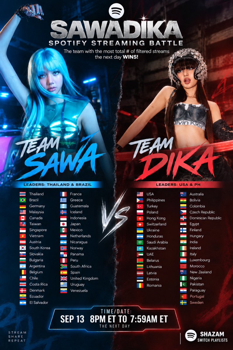LISANATIONS_'s tweet photo. Don’t fret, the weekend’s over! Let’s have a battle and get back to 2M! ⚔️

The team with the most total filtered streams by the next day WINS! 🏆

Let us know which team you belong to! Wave your flag and reply with either:

💙 TEAM SAWA
❤️ TEAM DIKA

Then add #StreamSaWaDiKa + the streaming link.

The battle officially starts at RESET TIME! 🔥