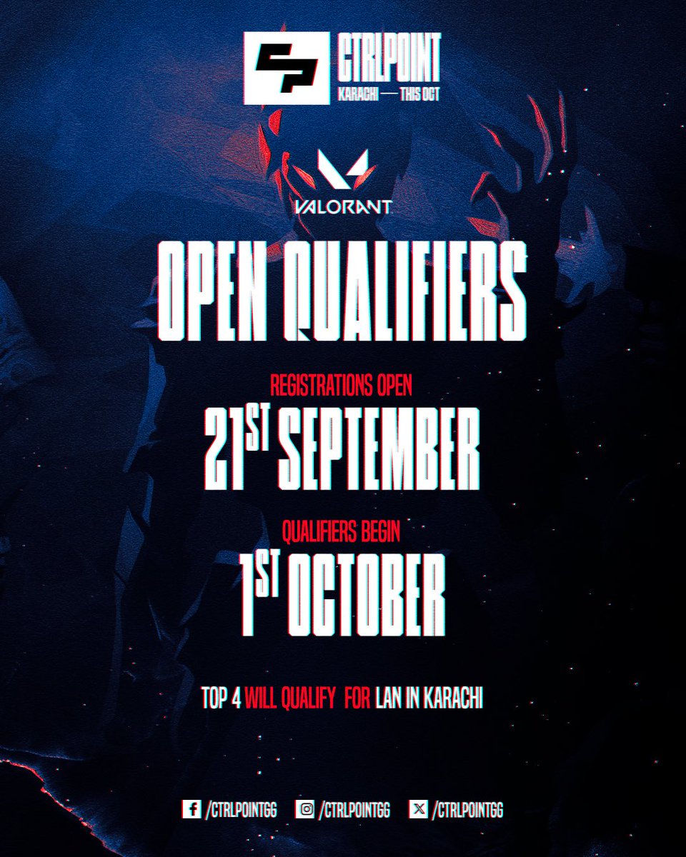 CTRLpointGG's tweet photo. Everything you need to know about CTRLPOINT 2026.

Registrations open 21 September.
The road to Karachi begins 1 October.

CS2. VALORANT. One goal — make the LAN.

Full details on website.

#CTRLPOINT https://t.co/2Q5O1aSLCO