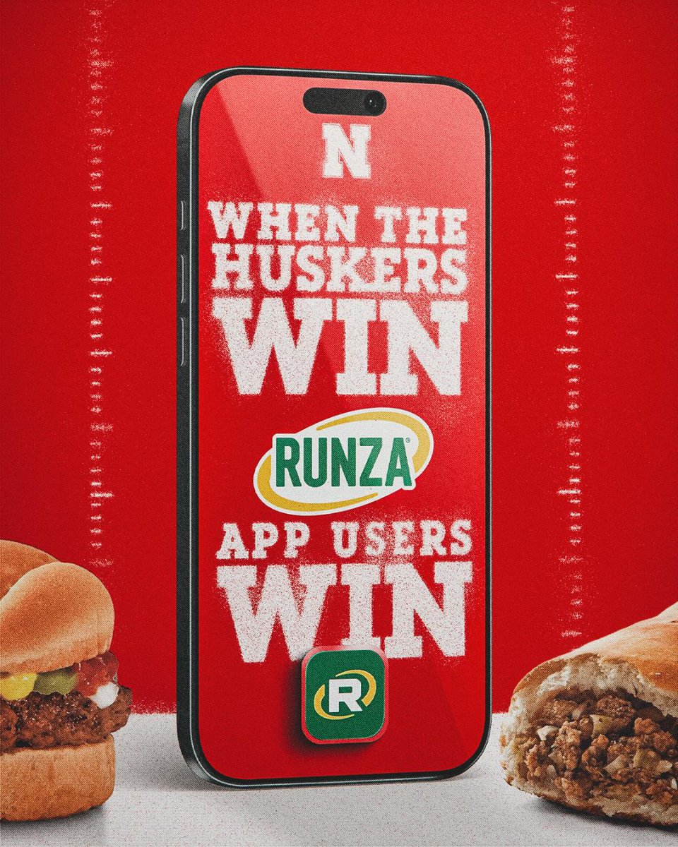 Runza's tweet photo. when @HuskerFootball wins at home, our app users win!  
 
receive a free original Runza sandwich or 1/4 lb. hamburger with the purchase of a side &amp; medium drink.  
 
download the app (https://t.co/KT7E3FAztZ) today to celebrate when the @Huskers win! https://t.co/Eqwqae40KO
