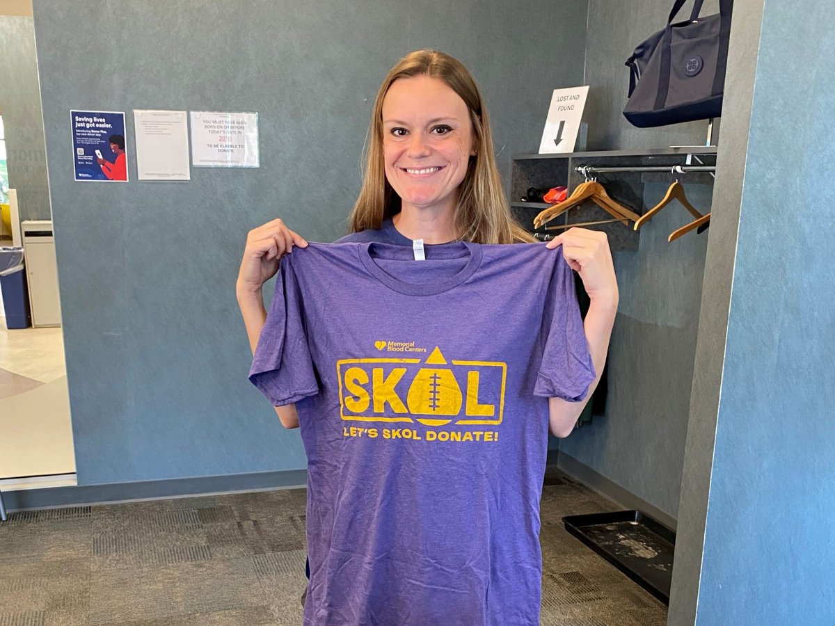 MemorialBldCtrs's tweet photo. Donors are LOVING their “Let’s Skol Donate” T-shirts, designed by The Sota Shop! Stop by any donor center or blood drive through September 17 to donate and get yours!

Come for the shirt. Stay for the lifesaving impact. 💜 https://t.co/AZwAVd3Whm https://t.co/LYQsHvghcI