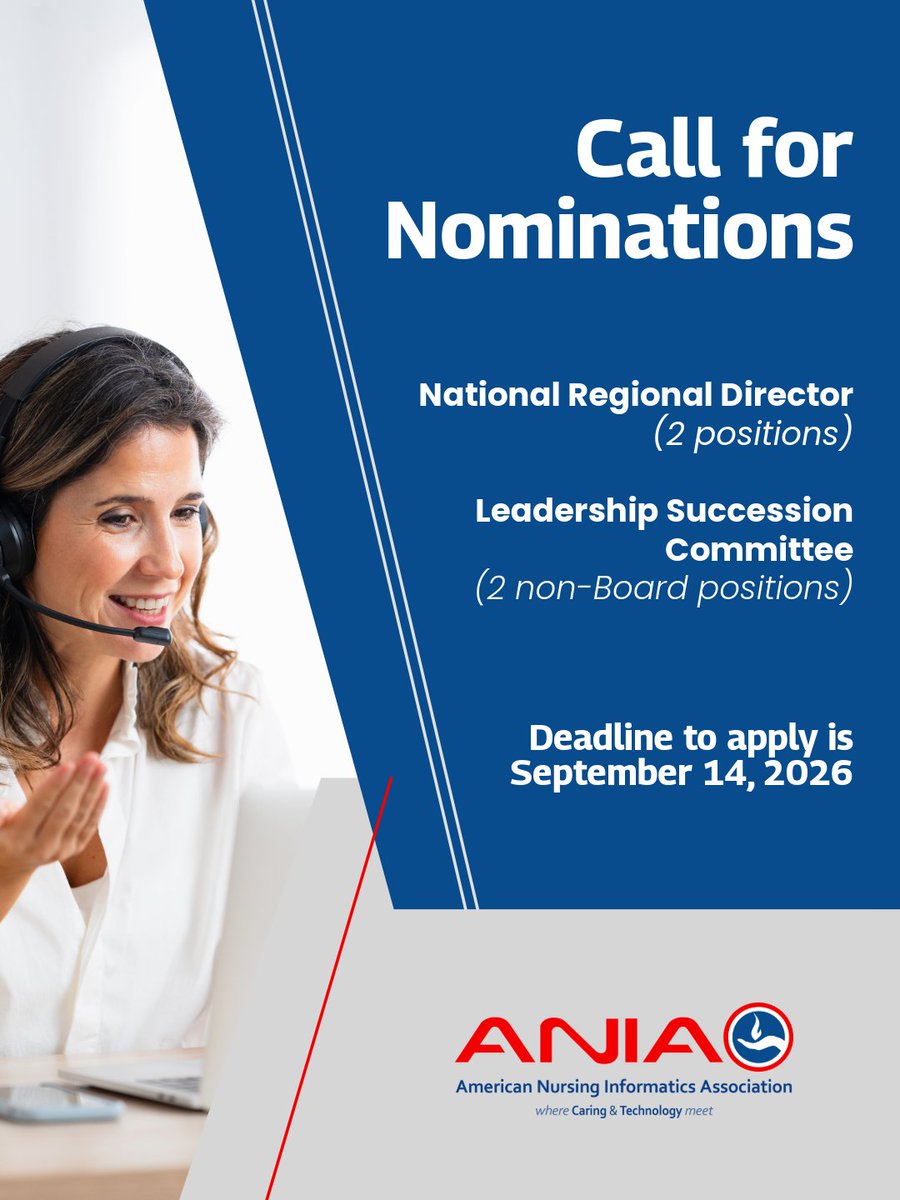 ANIAinformatics's tweet photo. Last chance for nominations! ANIA is seeking qualified member candidates for this year's national election!
The deadline to submit nominations and candidate materials is September 14, 2026.

Learn more and submit here👇
https://t.co/12HXM3Hhkt

#NursingInformatics #ANIA https://t.co/YTKkReQY7r
