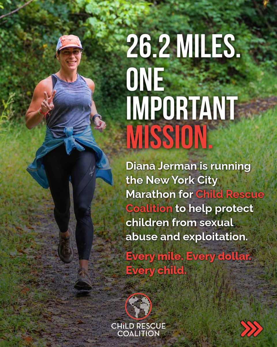 ChildRescueCo's tweet photo. Meet Diana Jerman. This November, she’s running the NYC Marathon for Child Rescue Coalition, with a goal to raise $10K and build awareness. CRC’s technology helps law enforcement rescue children from abuse at no cost. Every mile has a purpose. Thank you, Diana! #nycmarathon https://t.co/4uaTTmBHh4
