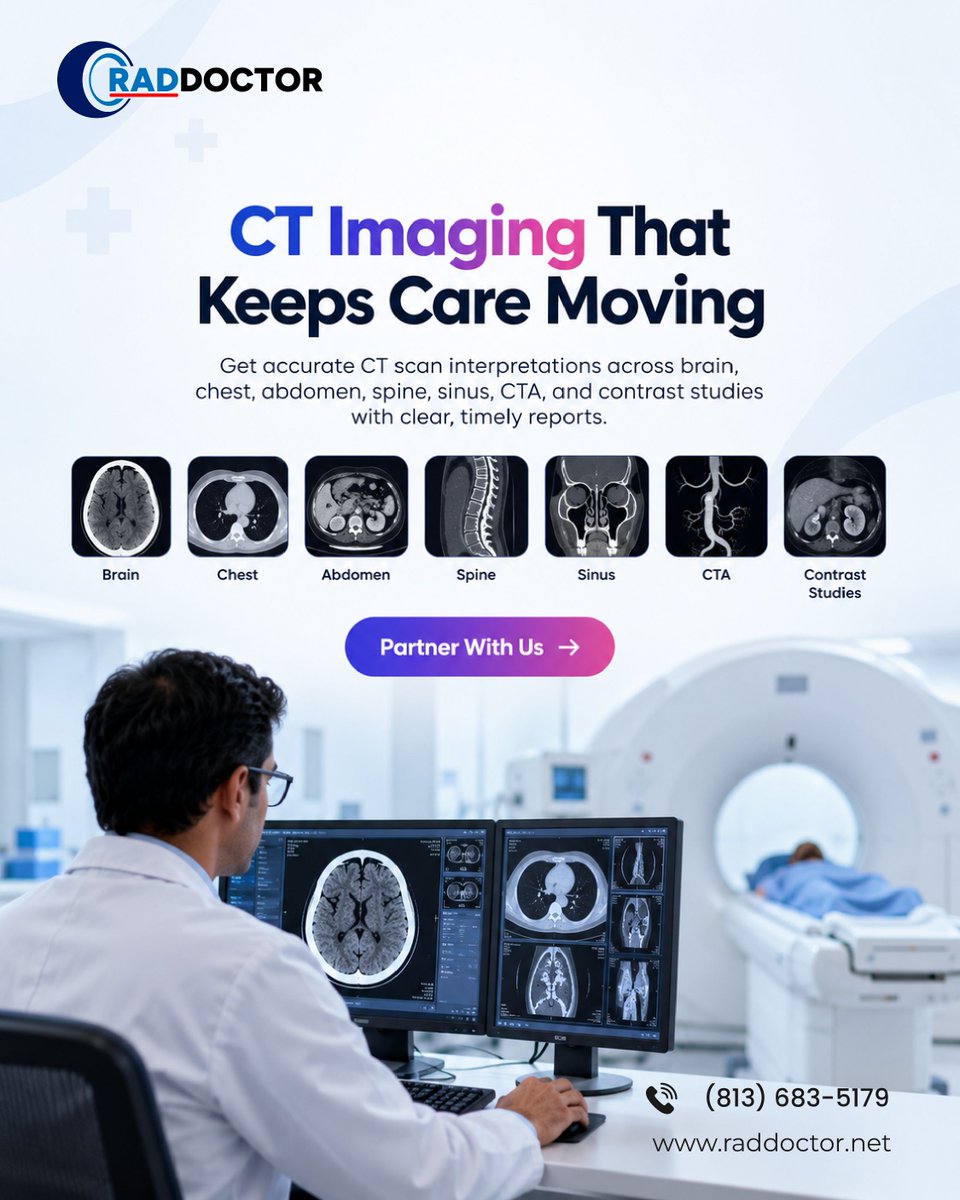 Rad_Doctor1's tweet photo. Need reliable CT scan interpretation?
RadDoctor supports CT brain, chest, abdomen, spine, sinus, CTA, and contrast studies with accurate, timely, and structured radiology reports.
https://t.co/Ovpj0V1pg9
#ctscan #ctimaging #radiology #teleradiology #medicalimaging https://t.co/WFaP1ghRqZ