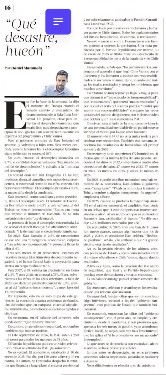 RodRettig's tweet photo. El descaro de Republicanos como método. 

En últimos años:

1. Llamaban “emergencia económica” a crecer 2,5%. Hoy estamos en recesión técnica.

2. Culpaban al gobierno por 875 mil desempleados. Hoy son 981 mil.

3. Votaron contra la reforma de pensiones que aumentó la PGU. Hoy celebran: “Kast aumentó la PGU”.
Esta es especialmente interesante.

En la discusión parlamentaria, diputados republicanos como Agustín Romero y José Carlos Meza se opusieron al proyecto, finalmente aprobado, que generó el alza de la semana pasada que hoy celebran.

Fuente: Historia de la Ley, sesión de la Cámara de Diputadas y Diputados, discusión de la reforma de pensiones, Biblioteca del Congreso Nacional.

Ahora armen el puzzle: ¿qué es la PGU? El Estado recaudando impuestos y redistribuyendo recursos para garantizar una pensión a quienes el ahorro individual no les alcanza. Estado, impuestos y redistribución.

Prácticamente todo lo que su discurso lleva años enseñando a despreciar. Cuando funciona, se sacan la foto.

4. Cuando los homicidios bajaban con Boric hablaban de un “gobierno sangriento”. Hoy celebran una baja que completa cuatro años consecutivos y la presentan como resultado propio. Incluso rechazaron políticas de seguridad que hoy administran.

Republicanos hizo oposición sobre una premisa tramposa y extraordinaria% sencilla. Todo lo malo era culpa del gobierno y todo tenía una solución fácil.

Llegaron al gobierno y descubrieron los ciclos económicos, los rezagos, las restricciones fiscales y las políticas de Estado.

Una especie de estafa piramidal política referida a que primero vendes explicaciones simples y soluciones mágicas. Cuando llegas al poder y la realidad te alcanza, te apropias de los resultados de aquello que antes denunciabas.

#MesaCentral