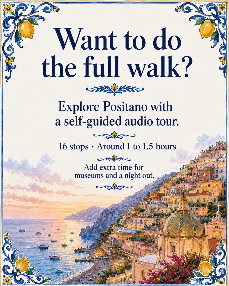 TrippyTourGuide's tweet photo. 7/ Do the full Positano walk with Trippy: 16 stops, around 1 to 1.5 hours. Add time for museums and a night out; admission is separate.
https://t.co/iQeiCfz8lh

#Positano #AmalfiCoast https://t.co/hSm5pH5v2L