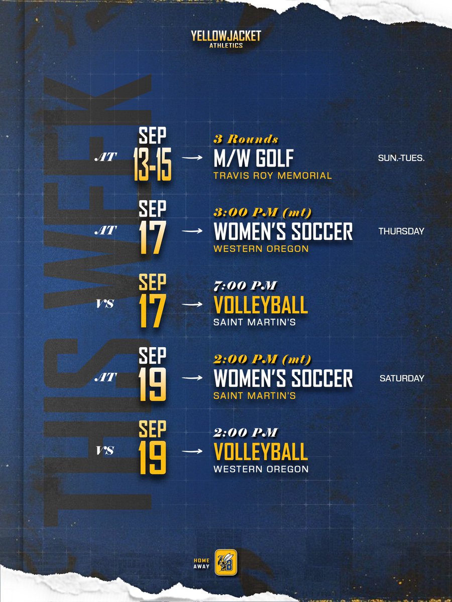 MSUBsports's tweet photo. This week ahead in Yellowjacket athletics⤵️

#MSUBGOLF | #MSUBVB | #MSUBWSOC https://t.co/B1E8VddO56