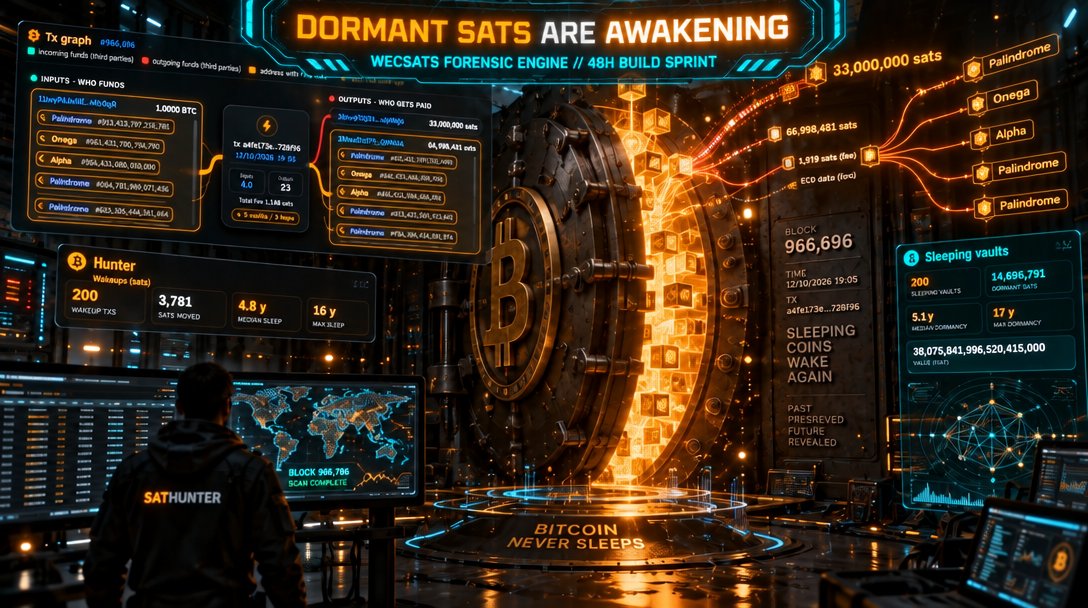 Inatendu29's tweet photo. Weekend sprint complete. 48 hours of relentless building to deliver an institutional-grade forensic terminal for Bitcoin Rare Sats.⚡️

No third-party APIs. No heuristics. Just pure, sovereign on-chain intelligence. 
Here is everything shipped this weekend on WecSats:

• Dormant Wakeups (Industry First): Real-time detection of rare sats moving after years of sleep. Visual Tx Flow Graph tracing inputs -> outputs -> change.
• Sleeping Vaults (Industry First): Full mapping and quantification of untouchable, forgotten rare sat reserves across Bitcoin history.
• Whale Radar & Entity Labelling: Track institutional accumulation (Tether, Binance, Kraken) and isolate multi-tx stacking from simple technical moves.
• Live On-Chain Engine: Sub-block forensic analysis powered by direct ZMQ streaming.
• Complete Marketplace UI Overhaul: Unified dark terminal, deep inspection modals, NOSTR-native certified listings, and 0% fees.

(Note to @NcryptUnc: the PoW-based Lucky score 🍀 calculation is next on my radar — shipping it later this week or next weekend!)

A data-science-grade suite built specifically for rare sat collectors, hunters, and historians.
Inspect the chain:
👉https://t.co/iEEx40CYCm
👉 https://t.co/TyVzeIKQvv

#Bitcoin #RareSats #Ordinals
https://t.co/IfYTIsMjyR
