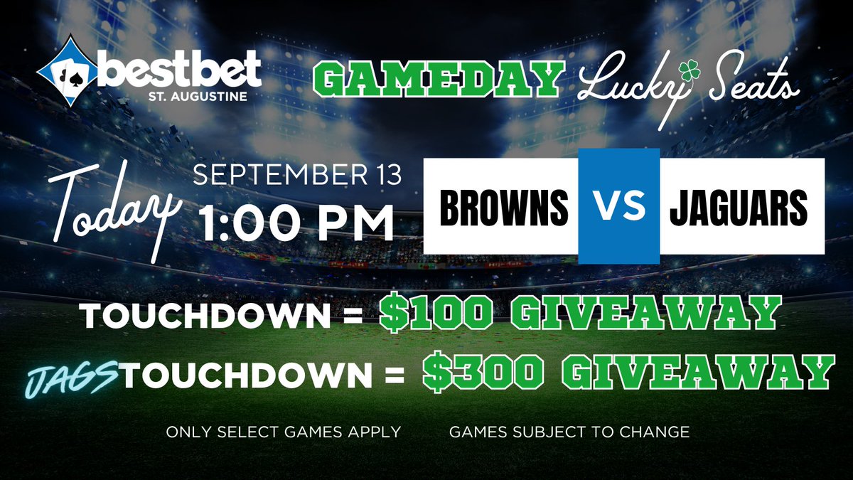 bestbet_jax's tweet photo. Game Day Lucky Seats are BACK at bestbet St. Augustine! 🏈🔥 Touchdowns during select games means you could WIN CASH! 

TODAY 📢 Browns VS Jaguars
Every Browns Touchdown = $100 Giveaway
🐆 Every Jaguars Touchdown = $300 Giveaway

Must be active on a table to be eligible to win! https://t.co/mIJY35OH5T