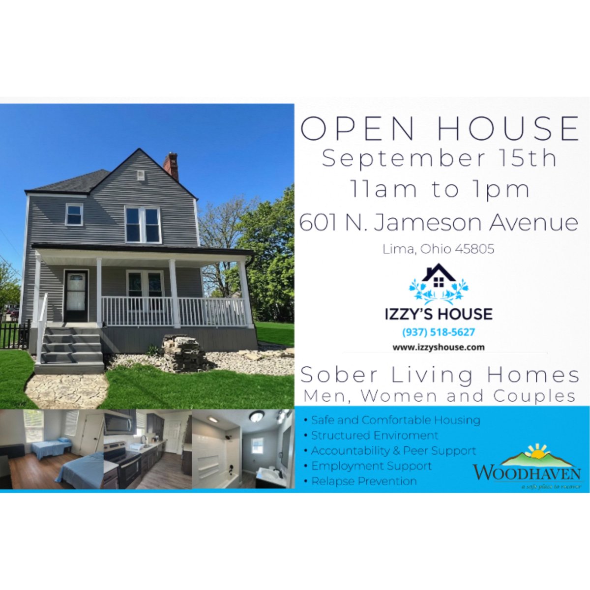 Izzys_House's tweet photo. Join Izzy’s House for an open house on September 15 from 11 a.m. to 1 p.m. at 601 N. Jameson Avenue in Lima, Ohio. 📍

Tour the home and learn more about safe, structured sober living for men, women, and couples. 💙✨

Get in touch with our team! (937) 518-5627

#IzzysHouse https://t.co/HhUI59fxiM