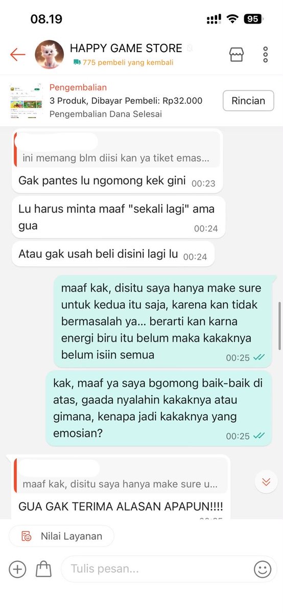 dukeofsemarang's tweet photo. HATI-HATI ADA SELLER GILA DI SHOPEE ⚠️

Kronologi:
1. Beli item game township di shopee
2. Seller konfirmasi kalau ada item yang gak bisa di top up 
3. Buyer tanya karena dari 3 orderan belum ke top up semua
4. Seller ngamuk tanpa sebab, pikirnya buyer adu argumen padahal gak ada adu argumen sama sekali.
5. Seller begging kalau buyer harus MINTA MAAF ke dia. 
6. Buyer udah minta maaf dan seller masih gak terima
7. PALING GONGNYA SELLER OBRAK-ABRIK GAME BUYER YANG SECARA SAH UDAH BELI ITEM DI DIA

Chat selanjutnya ada di bawah 👇