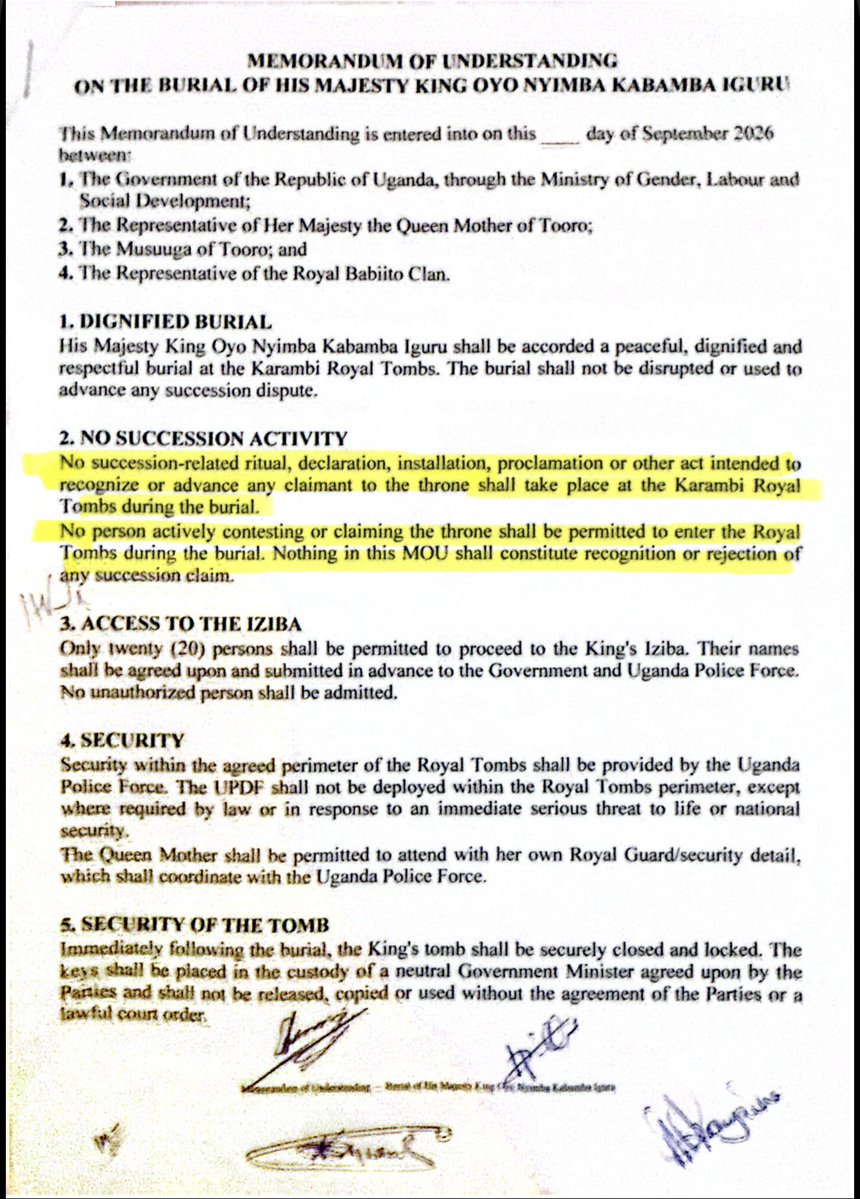TonyNatif's tweet photo. It appears that the pre-burial stand-off that happened at King Oyo’s final hour was premised on an MOU signed between the Royal family, Government of Uganda and some representatives of the Babiito leadership. 

This might explain why the QM wasn’t best pleased. There was an agreement that was apparently breached. (See frame 1 and 2)

Don’t ask me why that guy didn’t refer to it when he was dragging her in his most recent tweet where he called her and the President all manner of names. 🤦🏾‍♂️