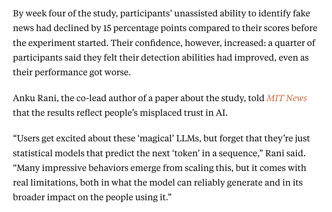 MIT study excerpt stating that participants' unaided ability to identify fake news fell by 15 percentage points over four weeks while confidence in their detection ability increased