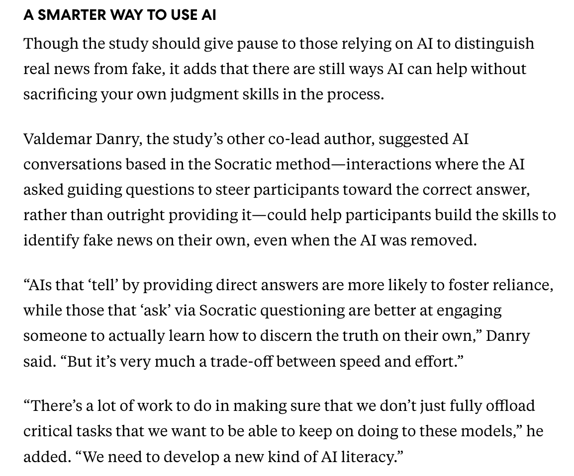 MIT study excerpt recommending Socratic AI interactions that ask guiding questions instead of directly giving answers, to preserve users' own judgment skills