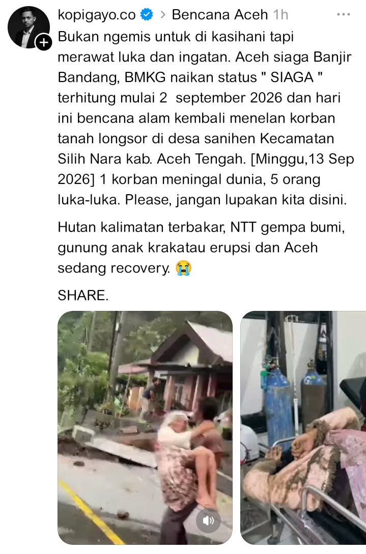 satirnesia's tweet photo. di aceh tengah ada rumah warga yang kena tanah longsor sore tadi, ada 1 korban meninggal dunia dan 5 orang luka-luka karena kejadian ini. 

entah kenapa berita ini sepi banget, kebanyakan cuma dari media lokal aja... https://t.co/56RMRjlou7