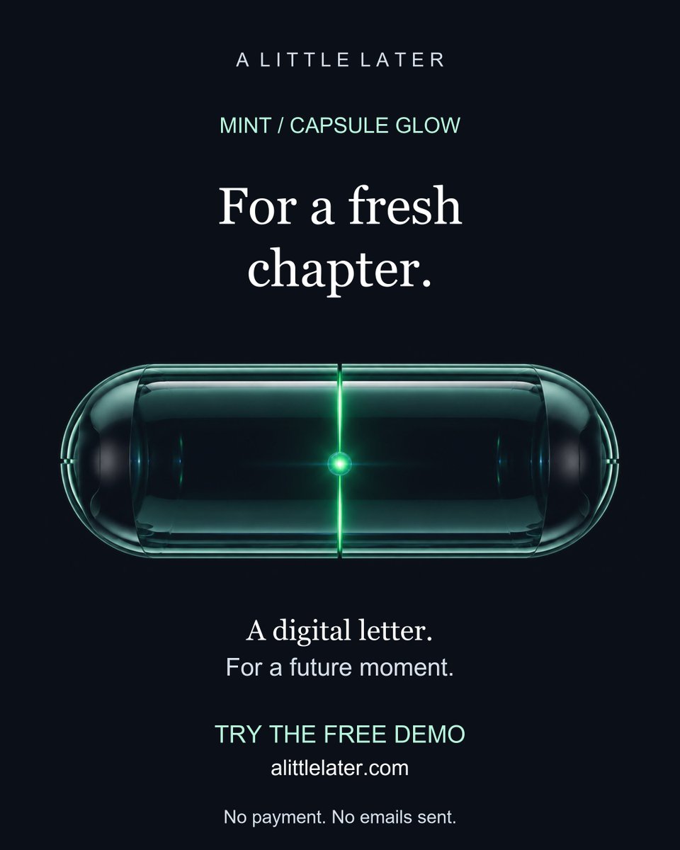 A_Little_Later's tweet photo. Mint, Teal or Gold?

A fresh chapter. A little perspective. A moment worth keeping. What would you tell your future self?

Try the free digital-letter demo. No emails sent.
https://t.co/hbqIAQXFrq

#ALittleLater #FutureSelf https://t.co/RDzxfPOsDA