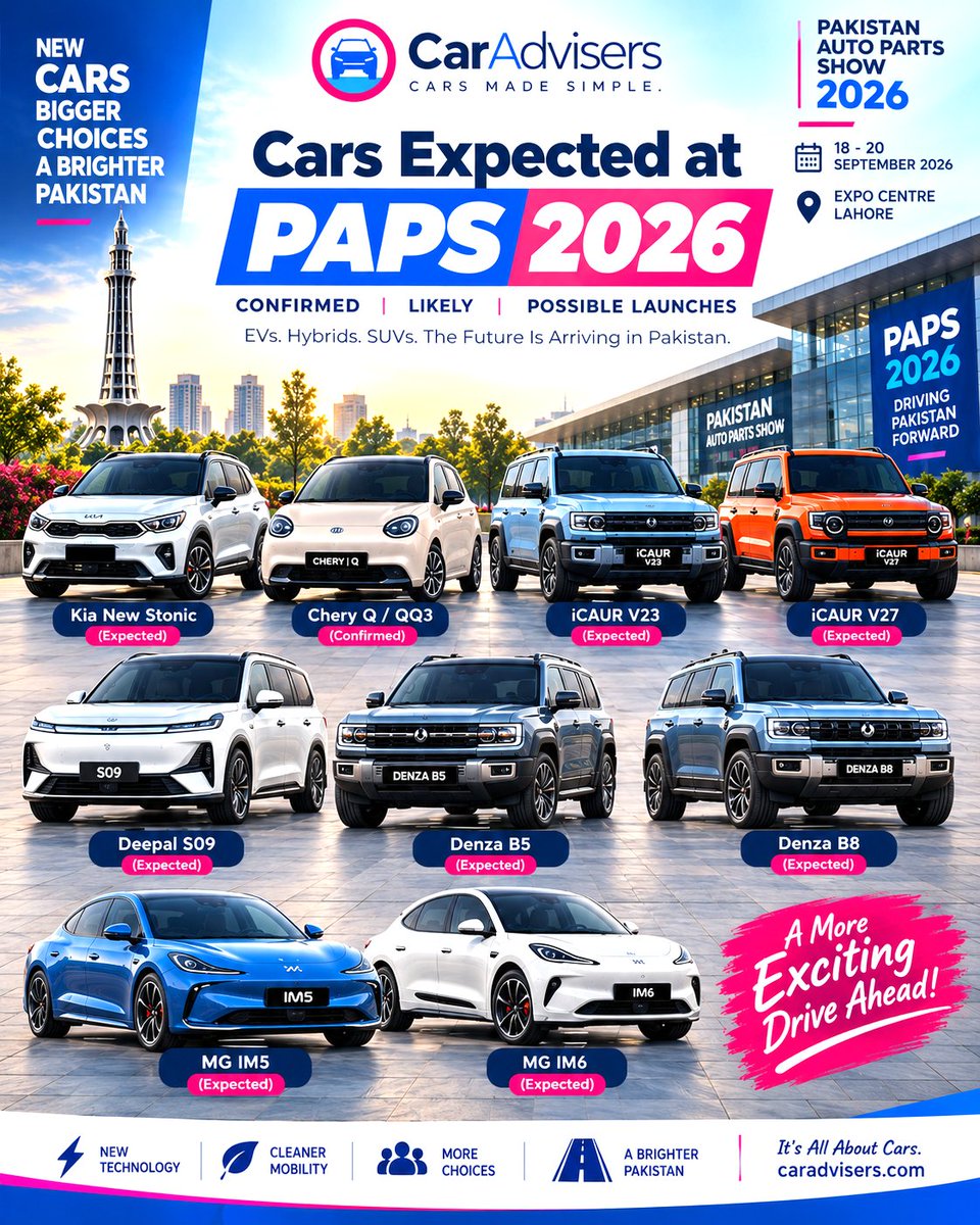 caradviserspak's tweet photo. Cars Expected at PAPS 2026: Confirmed, Likely &amp; Possible Debuts

Full list: https://t.co/TEKHZHK0lb

#PAPS2026 #CarAdvisers #PakistanCars https://t.co/UgSZN8xKM4
