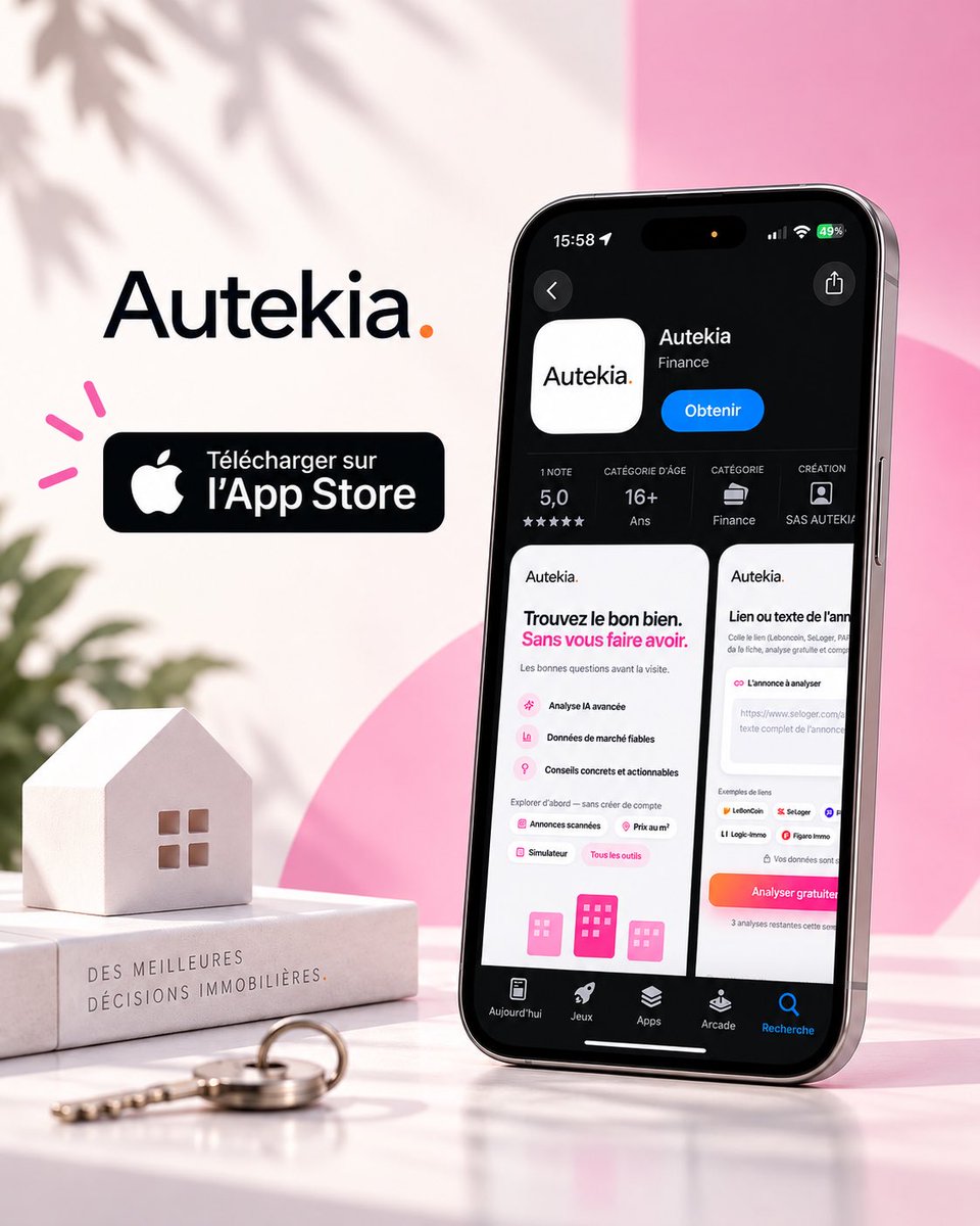 Autekia's tweet photo. 🏠 AUTEKIA est disponible sur l’App Store.

Collez une annonce immobilière.
AUTEKIA l’analyse, la confronte aux données disponibles et lui attribue un score sur 100.

Prix, secteur, DPE, marché, points d’attention, potentiel…

Trouvez le bon bien. Sans vous faire avoir. https://t.co/SyUZEJ4jtm