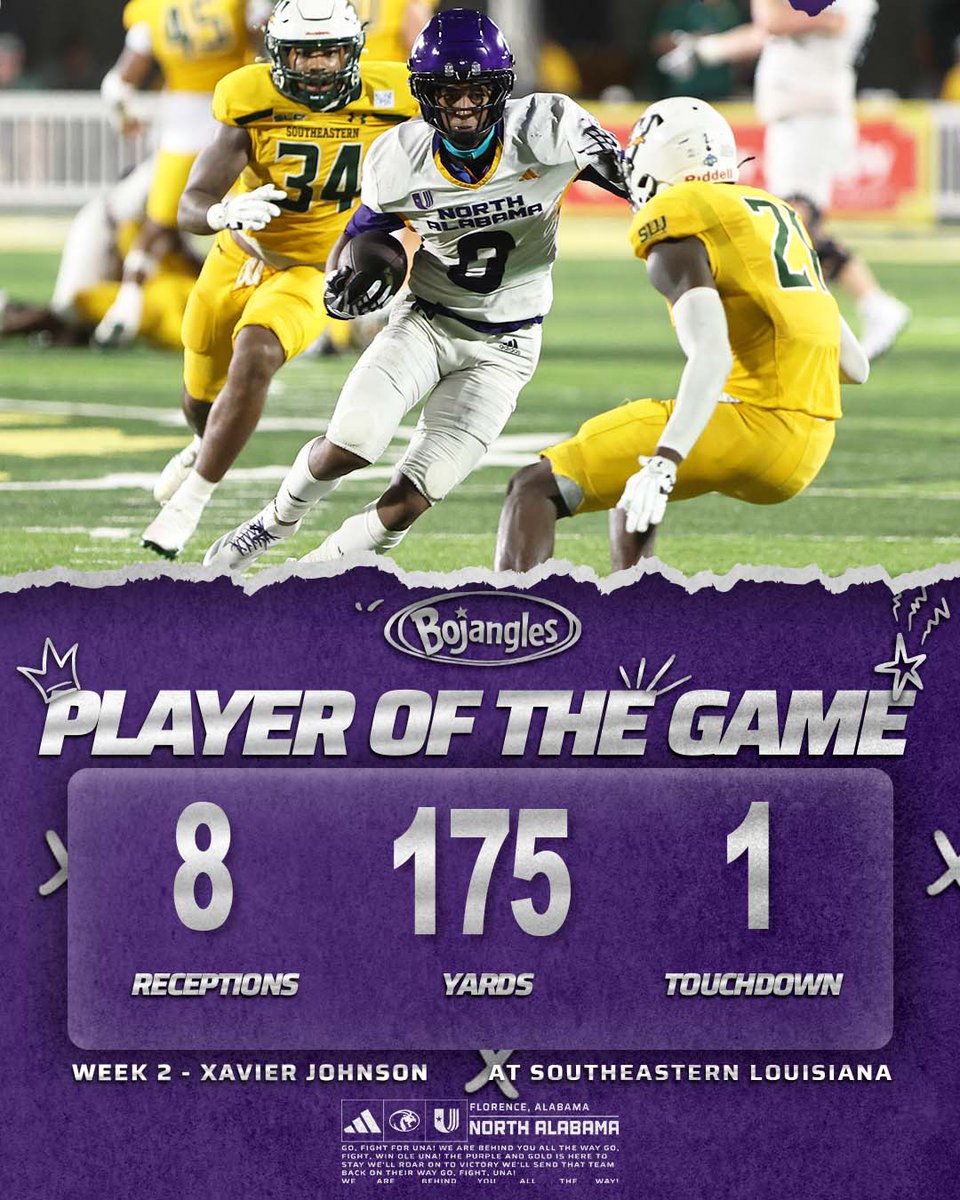 UNAFootball's tweet photo. Xavier Johnson is on a tremendous run right now 👀

✅ Most receiving yards in all of FCS this season
✅ 2nd-most receiving yards in Week 2 FCS games
✅ Best three-game start by a UNA receiver all-time

#RoarLions 🦁 https://t.co/OQAcg5mB2T
