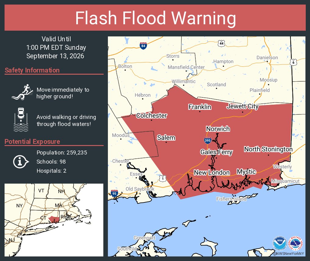 NWSNewYorkNY's tweet photo. Flash Flood Warning including Norwich CT, New London CT and  Groton CT until 1:00 PM EDT https://t.co/qcYX3pVeqd