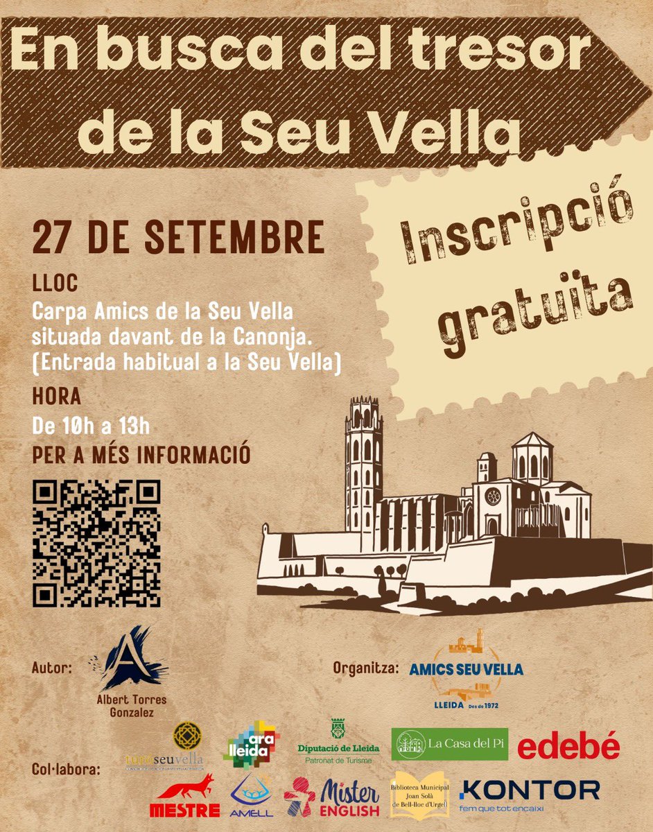 AmicsSeuVella's tweet photo. 🔎🏰 En busca del tresor de la Seu Vella! 🏰🔎

📅 27 de setembre 📍 Carpa Amics de la Seu Vella (davant de la Canonja) 🕙 De 10 h a 13 h 💰 Inscripció gratuïta
Una activitat divertida per a tota la família, plena de reptes, pistes i descobertes. https://t.co/ogsGVWp7jq