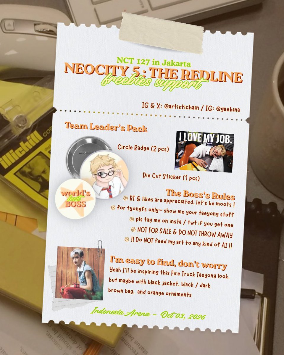artistichain's tweet photo. NCT 127 5TH TOUR 'NEO CITY : JAKARTA - THE REDLINE'
⋆.𐙚 ̊  Freebies for Tyongfs only by @artistichain  

Tap tap, say hi, take one &amp; tag me after !! 💗
📍Indonesia Arena
🕒 I'll post live tweet
🗓️ Oct 03, 2026 

#NCT127  #THE_REDLINE
#NCT127_5TH_NEOCITY_THE_REDLINE_JAKARTA https://t.co/SaZ8eWefQD