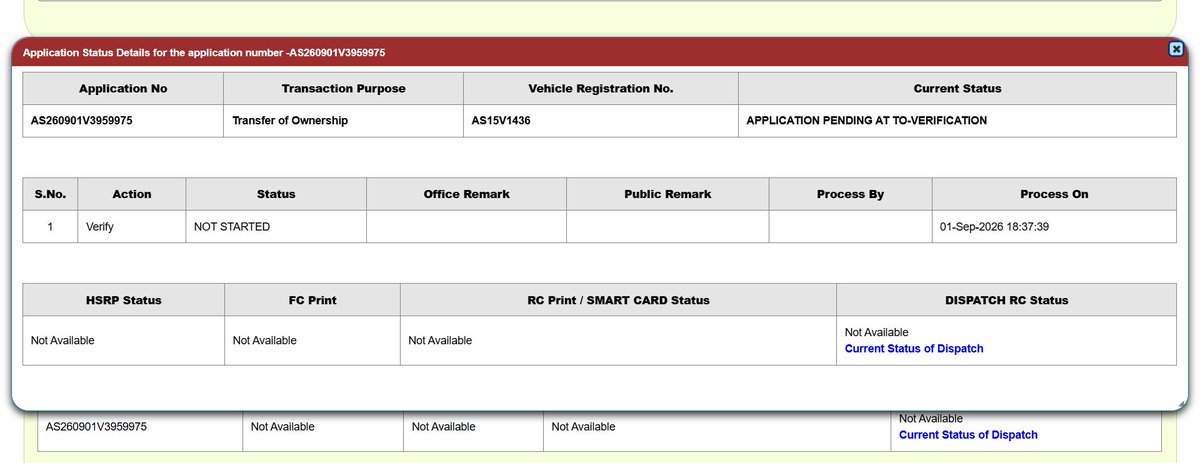 anowarh690's tweet photo. Kindly look into pending vehicle ownership transfer for AS15V1436 (Application No: AS260901V3959975). Status has been stuck on "TO-VERIFICATION - NOT STARTED" since 01/09/2026. Please resolve this at the earliest. @TransportAssam 
@MORTHIndia https://t.co/3qEZpyTucr