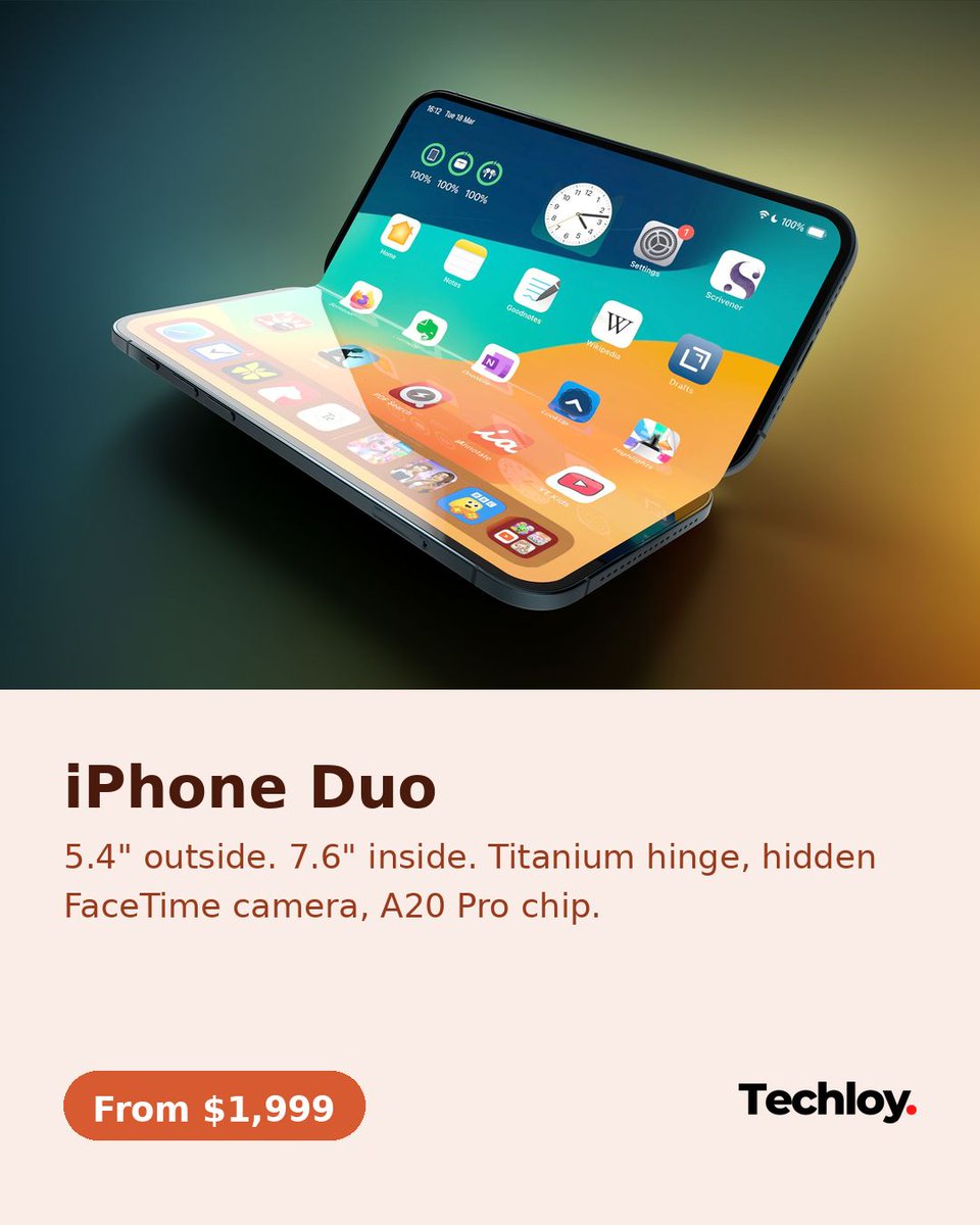 techloy's tweet photo. Six new products were announced at the "Surprise and Shine" Apple event on September 9, headlined by the iPhone Duo, Apple's first foldable, opening from 5.4" to 7.6" and starting at $1,999 when it ships October 23.

Also announced: iPhone 18 Pro and Pro Max, Apple Watch Series 12 and Ultra 4, and AirPods 5, all shipping September 18. 

And for the first time ever, no base iPhone in September.

Swipe for the full breakdown and pricing.

#Apple #iPhoneDuo #iPhone18Pro #iPhone18ProMax #AppleEvent #Techloy #AppleWatch #AirPods5 #AppleWatchSeries12 #AppleWatchUltra4