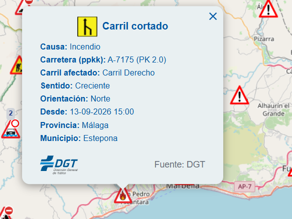 E112Andalucia's tweet photo. #InfoDeServicio 📣 ¡PRECAUCIÓN! ⚠️La A-7175 se encuentra condicionada al tráfico debido al #IFBenahavís
en #Málaga
‼️@DGTes informa del corte del carril derecho en sentido creciente para el acceso de los vehículos de emergencia
¡Evita la zona del incendio y sigue las instrucciones de los operativos!