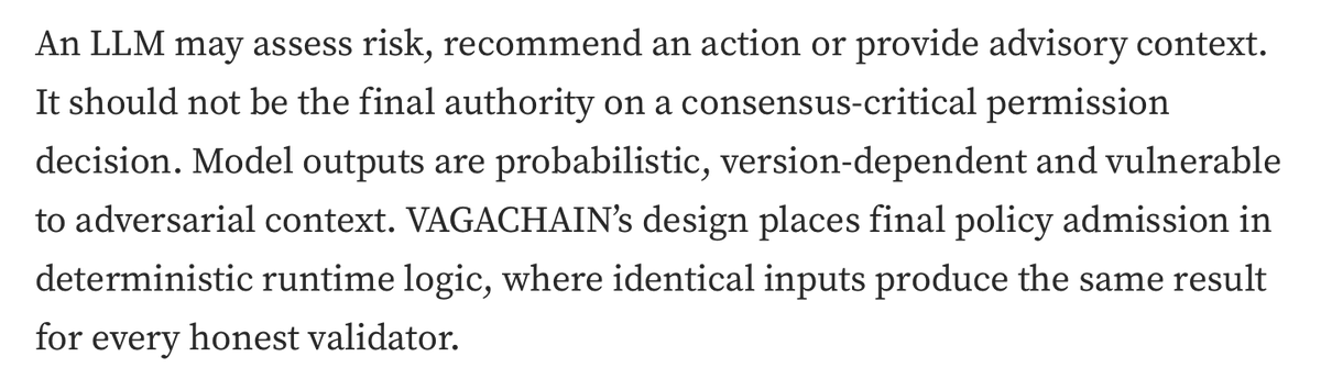 VAGACHAIN_XYZ's tweet photo. AN LLM IS PROBABILISTIC.
CONSENSUS MUST BE DETERMINISTIC. https://t.co/ReR1aBQjmk