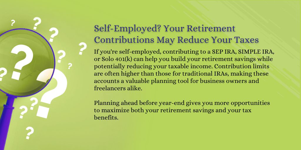 LuongoCpa's tweet photo. Retirement planning isn't just about the future—it can also help reduce your taxes today. Contact this office to find out which retirement plan best fits your goals. #WeeklyDeduction #RetirementPlanning #SelfEmployed https://t.co/35o0pn0X2j