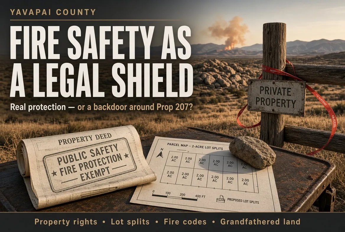 prescottpulse's tweet photo. Safety as a Shield? | How Yavapai County Is Using Another Way to Further Restrict Property Rights
No one in Yavapai County disputes the importance of fire safety. We all understand the risks of living in Arizona, and no reasonable person is arguing for unregulated growth. What many of us are asking for is simple balance, and that balance must include respect for private property rights.

The devastating wildfires at Yarnell Hill, Doce, and elsewhere are painful reminders of what happens when extreme conditions, severe weather, and limited access collide. Emergency access, defensible space, and responsible planning matter. They save lives.

What should concern every property owner, however, is the growing tendency to use fire safety as a legal shield for broad, backdoor land-use restrictions.

Over the last several years, County leaders, including Supervisor and Board Chair Brooks Compton, have voiced mounting concerns that parcel splits and rural growth create new hazards for firefighters and emergency responders. In case you missed these meetings, you can use these dates as referenced.

Those concerns deserve open discussion. What deserves equal scrutiny is how the County chooses to address them. Where is the public debate when informal concerns turn into county policies, and those policies quietly harden into restrictive codes? In this country, we have choices about the rights to use our land:

● Some of you live in planned communities with HOAs that dictate everything you can do with your property. That was a voluntary choice you made at closing.

● Some of you live on parcel splits carved out fifty years ago, no HOA, operating only under standard county or municipal codes.

● A few of you hold hundreds of acres that have stayed in your family for generations.

Today, all landowners face a growing maze of engineering demands, costly studies, steep fees, and discretionary reviews before they can divide or build on their land. Any single requirement might sound reasonable on its own. The real danger is their cumulative effect: the steady erosion of your constitutional rights.

When the cost of compliance becomes insurmountable, your legal ownership exists only on paper. The County accomplishes indirectly what state law prevents it from doing directly: suffocating private property rights.

The Dilemma: Real Property Rights or Bureaucratic Anti-Growth?
If members of the Board of Supervisors claim to champion property rights while running on growth/anti growth platforms: “controlled,” “planned,” “stopping,” “unbridled,” or “smart.” How do they justify gutting the legal rights tied to your land? With density bonus incentive!

Density bonus incentive: To encourage clustering, the homes are grouped closer together on smaller individual lots or building envelopes. Does the term “Tiny Homes” ring a bell? Ones that can’t accommodate a family comfortably, and most of the time require the homeowner to lease the land it sits on? How about 15 minute cities?

We wrote about this in an April 6, 2026 article titled “Yavapai County Board of Supervisors Joint Meeting - Development Services and Subdivision Regulations Update” when Consultant Roger Eastman of Logan Simpson presented a high-level administrative draft of the updated subdivision rules. You can read that article by Clicking Here.

Understanding How the Game is Played
Significant portions of Yavapai County carry two-acre minimum zoning. Under Arizona state law, that means large parcels can legally be divided over time into two-acre parcels through lawful lot splits (often disparaged as “wildcat” development). A 100-acre ranch, for instance, can initially be split into five 20-acre parcels. Those buyers can divide their lots into four-acre parcels, which are eventually divided once more into two-acre home sites. This process is fully legal, and it happens every day across Arizona.

According to public statements and county documentation, key county officials are pursuing strategies that threaten this process:

● Targeting “Wildcat” Subdivisions: Pushing policies to restrict or eliminate split-lot divisions that bypass standard subdivision reviews—a move directly impacting upwards of 28,000+- privately owned parcels in Yavapai County.

● Downzoning and Density Reductions: Amending the zoning code to mandate larger minimum lot sizes, reducing the overall number of permitted homes.

Here is the problem the County faces: Arizona voters severely tied local government’s hands when it comes to arbitrary zoning changes.

The Prop 207 Barrier and the Public Safety Loophole

In 2006, Arizona voters overwhelmingly passed Proposition 207, the Private Property Rights Protection Act (A.R.S. § 12-1134).

Under federal law, proving a regulatory “taking” requires an owner to lose nearly 100% of their land’s economic value. Prop 207 threw that standard out the window. In Arizona:

If a local government passes a land-use regulation that diminishes the fair market value of your property, the government must pay you cash for that loss.

To avoid massive financial payouts, cities and counties routinely exempt existing owners or allow their land-use rights to remain grandfathered in.

The County cannot broadly downzone 28,000 parcels without exposing local taxpayers to staggering financial liability.

Except for one critical escape hatch.

Under Prop 207, downzoning is completely exempt from compensation if the government enacts the rule for public health and safety, specifically, wait for it…….. fire protection.

Connect the dots. If the County cannot afford to downzone your land outright, what is the alternative? Layer on crushing fire codes, subjective access mandates, and engineering obstacles under the banner of public safety.

The Double Standard
This regulatory double-standard creates an impossible landscape:

Master-Planned Communities Face a Brick Wall: When commercial developers propose planned and engineered communities with dual access roads, on-site fire improvements, advanced drainage, and infrastructure improvements, officials often reject them to appease anti-growth politics. When developers get denied for a legal project, they sue costing taxpayers millions. Look at the broken promises lawsuit as seen in the $150 million dispute between Arizona Eco Development and the City of Prescott.

Rural Landowners Bear the Brunt: When master plans are rejected, owners turn to state-protected minor land splits. But small landowners do not have armies of lawyers to fight the County. When the County slaps an individual with arbitrary road-improvement demands or fire-access mandates, the landowner is simply forced to walk away.

Which is it? Does the County want engineered, master-planned developments, or does it want individual parcel splits? Our opinion: our government is choosing to do whatever they can to stop it all. We certainly hope you don’t own any land that you want to sell now or in the future.

County leadership often cites a mission to protect Yavapai County from “unplanned and unbridled growth.” But using fire safety as a pretext for zoning freezes is disingenuous. What began as legitimate concern has drifted into an unofficial anti-growth weapon.

The Red Rock News published the “Fire Fear Porn (our words)” coming out like a firehose at a September 10, 2025 Town Hall hosted by County Supervisor Nikki Check in Oak Creek. Click Here for the full article.

A Constructive Way Forward
Fire preparedness and private property rights are not mutually exclusive.

Yavapai County can protect its residents without gutting their land rights. We can expand voluntary Firewise programs, build dedicated secondary emergency routes, and partner directly with rural communities and Fire Departments/Districts. Work with developments to find improvements that can benefit the region and enhance the benefits to all.

If County leaders believe rural growth needs to stop, they should make that case openly to the voters, not just words during elections, but each time they erode your property rights and bury it. Every decision is a precedent, and will eventually come home to roost.

Pay attention. Attend Board of Supervisors meetings. Ask hard questions about the legal and financial motives behind new fire ordinances. Demand transparency. County decisions alter your property’s value, utility, and legacy far more than anything decided in Washington.

In the next article, we will examine how disagreements among rural fire districts are shaping local development mandates, and how certain officials are attempting to force urban-style utility codes onto rural Arizona land.