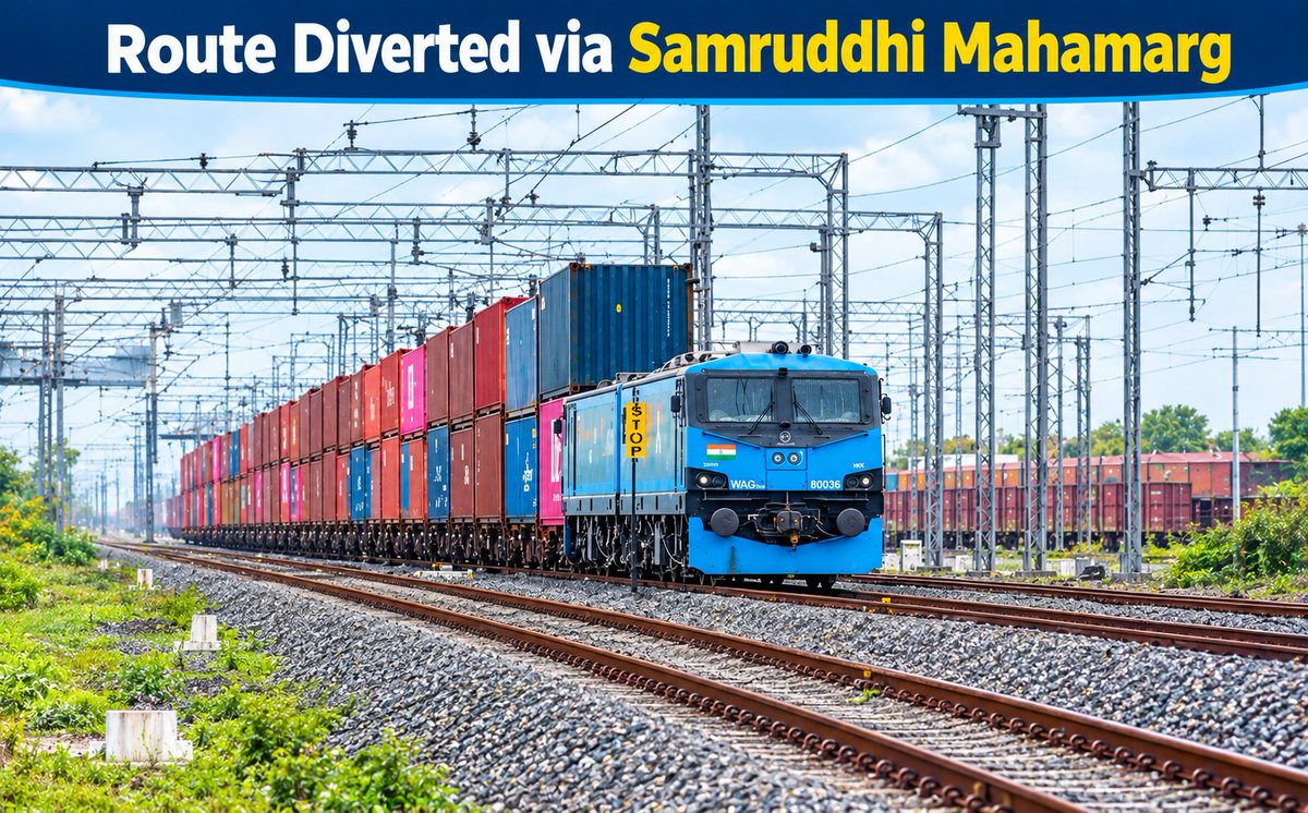 PandyaEr's tweet photo. Route diverted via Samruddhi Mahamarg due to insufficient clearance at 226 ROB (Road Over Bridge)  for double-stack containers. 🚆 https://t.co/uKYgNKCuO6