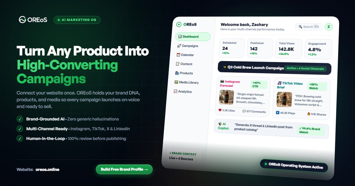 oreos_app's tweet photo. @Seanwvibedev Dropping OREoS here: https://t.co/nisDOuaIFv
It's an automated marketing engine built for founders who hate spending hours drafting social copy. Connect your site once, and it builds brand-grounded campaigns ready for Instagram, TikTok, and X with 100% human-in-the-loop control. https://t.co/lVmzNXVpxl
