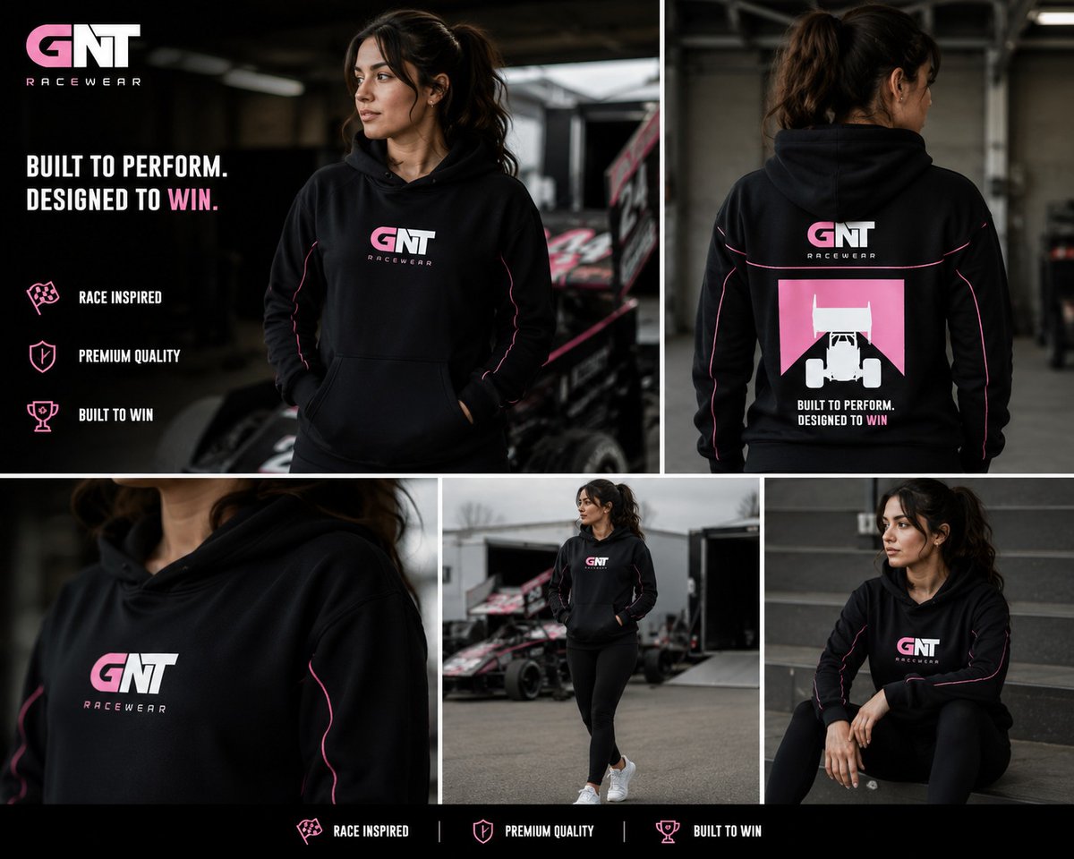 LonnyNuffer's tweet photo. Girls, we haven’t forgotten you. Meet the new GNT Jade Hoodie: premium heavyweight comfort, black and pink styling, and a bold sprintcar-inspired rear design. Made for cold race nights, track weekends, and everyday wear. Limited release. https://t.co/KQjGdWvcGL